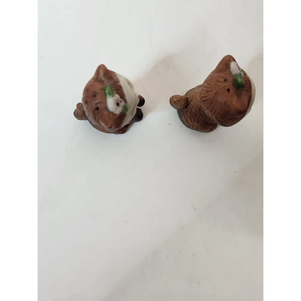 Vintage Ceramic Brown Kittens w/ Purple Flower Salt & Pepper Shakers 2 Pc Set